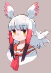  1girl adapted_costume bangs bird_girl bird_wings black_hair blush buttergirl_02 commentary_request eyebrows_visible_through_hair head_wings highres japanese_crested_ibis_(kemono_friends) kemono_friends long_hair looking_at_viewer multicolored_hair neckerchief nose_blush red_neckwear redhead sailor_collar shirt sidelocks solo white_hair white_shirt wings yellow_eyes 