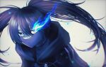  1girl bangs black_coat black_hair black_rock_shooter black_rock_shooter_(character) blue_eyes blue_fire coat fire flaming_eye floating_hair grey_background hair_between_eyes highres hood hood_down hooded_coat long_hair parted_lips reiro_sakura solo twintails upper_body very_long_hair zipper 