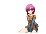  1girl bag belt bike_shorts blue_eyes blush breasts chrono_trigger closed_mouth collarbone glasses looking_at_viewer lucca_ashtear pattsun_bob purple_hair short_hair shoulder_bag simple_background solo white_background 