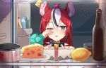  absurdres alternate_hairstyle cheese dice_hair_ornament food hair_ornament hakos_baelz highres hololive hololive_english huge_filesize key_necklace medium_hair mouse_girl mouse_on_head mousetrap mr._squeaks_(hakos_baelz) refrigerator refrigerator_interior shuuzo3 spikes virtual_youtuber 