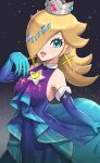  1girl absurdres blonde_hair blue_dress blue_eyes crown dress earrings gonzarez highres jewelry open_mouth rosalina solo super_mario_bros. super_mario_galaxy 