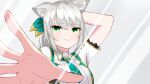  &gt;:) 1girl animal_ear_fluff animal_ears arm_behind_head bangs black_vest bow cat_ears closed_mouth collared_shirt eyebrows_visible_through_hair fourth_wall green_bow green_eyes green_vest grey_background hair_between_eyes hair_bow hair_ornament highres hizuki_miu kanelashi light_smile looking_at_viewer multicolored multicolored_clothes necktie reaching_out shirt side_ponytail smug solo v-shaped_eyebrows vest virtual_youtuber wactor_production white_hair white_shirt window wing_collar 