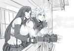  1boy 1girl balcony black_and_white blue_eyes cloud_strife cup dark_hair drinking elbow_gloves female final_fantasy final_fantasy_vii fingerless_gloves male monochrome navel open_mouth red_eyes shoulder_pads square_enix tifa_lockhart 