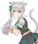  1girl animal_ear_fluff animal_ears animal_hands bangs black_skirt black_vest bracelet cat_ears cat_paws cat_tail closed_mouth collared_shirt eyebrows_visible_through_hair gloves green_eyes hair_between_eyes hair_ornament highres hizuki_miu jewelry long_hair looking_at_viewer multicolored multicolored_clothes multicolored_skirt necktie paw_gloves paw_pose romaneiyou shirt side_ponytail signature simple_background skirt smile solo tail triangle_print vest virtual_youtuber wactor_production white_background white_hair white_shirt wing_collar 