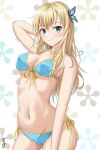  1girl absurdres bikini blonde_hair blue_bikini blue_eyes boku_wa_tomodachi_ga_sukunai breasts bug butterfly butterfly_hair_ornament commentary_request floral_background hair_ornament highres kashiwazaki_sena large_breasts long_hair looking_at_viewer side-tie_bikini solo swimsuit tenpa_(tenpa2190) white_background 