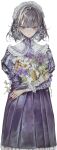  1girl absurdres bouquet closed_mouth dress flower grey_hair highres holding holding_bouquet long_sleeves looking_at_viewer maid_headdress medium_hair neck_ribbon original pleated_dress purple_dress red_eyes ribbon sanpaku simple_background solo standing white_background yogisya 