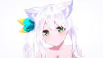  1girl absurdres animal_ear_fluff animal_ears bangs blush bow breasts cat_ears closed_mouth green_bow green_eyes hair_between_eyes hair_ornament highres hizuki_miu kanelashi long_hair looking_at_viewer nude sad side_ponytail simple_background solo virtual_youtuber wactor_production white_background 