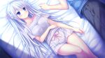  1boy 1girl bangs bed_sheet black_pants blue_eyes blue_shirt closed_mouth collarbone eyebrows_visible_through_hair from_above game_cg hair_between_eyes hair_ribbon lilium_(lilium_wedding_plan) lilium_wedding_plan long_hair lying off-shoulder_shirt off_shoulder official_art on_back on_side pants pink_ribbon ribbon sesena_yau shirt short_shorts short_sleeves shorts silver_hair smile solo_focus striped thigh_gap vertical-striped_shorts vertical_stripes very_long_hair white_shirt white_shorts 