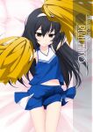  1girl artist_name bangs black_hair blue_shorts blue_skirt brown_eyes character_name cheerleader clothes_lift copyright_name cowboy_shot girls_und_panzer hairband highres holding holding_pom_poms inaba_shiki long_hair looking_at_viewer lying pleated_skirt pom_pom_(cheerleading) reizei_mako shirt shorts shorts_under_skirt skirt skirt_lift sleeveless sleeveless_shirt solo white_hairband 