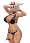  1girl absurdres armpits bangs bikini black_bikini black_hairband blue_eyes blush body_markings breasts caenis_(fate) caenis_(swimsuit_rider)_(fate) closed_mouth cowboy_shot dark-skinned_female dark_skin eyewear_on_head fate/grand_order fate_(series) hair_intakes hairband highres large_breasts looking_to_the_side red_wristband short_hair simple_background smile solo swimsuit torahime_(roland00) white_hair 