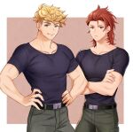  2boys belt black_belt black_shirt blonde_hair closed_mouth crossed_arms granblue_fantasy green_eyes green_pants hands_on_hips looking_at_viewer male_focus medium_hair multiple_boys pants percival_(granblue_fantasy) red_eyes redhead satoimo_sanda shirt short_hair simple_background smile undercut vane_(granblue_fantasy) 