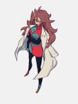  1girl android_21 breasts checkered checkered_dress dragon_ball dragon_ball_fighterz dress earrings from_above glasses grey_background hoop_earrings jewelry kemachiku labcoat long_hair medium_breasts red_ribbon_army redhead simple_background solo standing 