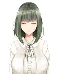  1girl absurdres bangs black_neckwear blouse bob_cut breasts closed_eyes closed_mouth eyebrows_visible_through_hair eyelashes facing_viewer flowers_(innocent_grey) green_hair hair_strand highres huge_breasts lips medium_hair mole mole_on_neck neck_ribbon noocmi ribbon simple_background smile solo takasaki_chidori upper_body white_background white_blouse 
