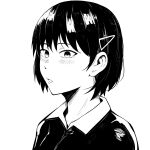  1girl anetani_anne black_hair blush bob_cut close-up greyscale hair_ornament hair_strand hairclip highres jacket looking_at_viewer monochrome murenase!_shiiton_gakuen noocmi parted_lips portrait short_hair simple_background solo white_background 