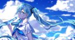  1girl bangs blue_eyes blue_hair blue_neckwear blue_sky blurry blurry_background bottle bubble clouds collared_shirt eyebrows_visible_through_hair floating_hair hair_between_eyes hatsune_miku highres holding holding_bottle long_hair sailor_collar sailor_shirt shiny shiny_hair shirt short_sleeves sky solo taru_7252 twintails upper_body very_long_hair vocaloid white_sailor_collar white_shirt 