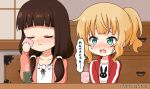  2girls animal_print anko_(gochiusa) bangs blonde_hair blush brown_hair brown_jacket bunny_print chibi closed_eyes closed_mouth collarbone commentary_request crying crying_with_eyes_open cup eyebrows_visible_through_hair gochuumon_wa_usagi_desu_ka? green_eyes hair_over_shoulder handkerchief indoors jacket kirima_sharo long_hair long_sleeves low_twintails mitya multiple_girls open_clothes open_jacket open_mouth ponytail print_shirt red_jacket shirt tears track_jacket twintails ujimatsu_chiya upper_body wavy_mouth white_shirt wild_geese yunomi 