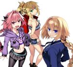  1boy 2girls astolfo_(fate) bandeau bangs bare_shoulders blonde_hair blue_eyes bow braid braided_ponytail breasts cutoffs fate/apocrypha fate_(series) french_braid green_eyes hair_bow hair_intakes hair_ornament hair_scrunchie highres ishida_akira jacket jeanne_d&#039;arc_(fate) large_breasts long_hair long_sleeves looking_at_viewer mordred_(fate) mordred_(fate/apocrypha) multicolored_hair multiple_girls open_mouth otoko_no_ko parted_bangs pink_hair ponytail scrunchie sidelocks skirt small_breasts smile streaked_hair very_long_hair violet_eyes white_hair 