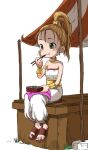  1girl bento blonde_hair breasts chopsticks chrono_trigger eating feet green_eyes long_hair marle_(chrono_trigger) ponytail sandals sitting solo yamamoto_souichirou 