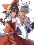  2girls ascot bangs blonde_hair blush bow brown_eyes brown_hair commentary_request cropped_legs detached_sleeves dress elbow_gloves eyebrows_visible_through_hair frilled_shirt_collar frills gap_(touhou) gloves gominami hair_between_eyes hair_bow hair_tubes hakurei_reimu hand_on_own_face hat highres long_hair long_sleeves looking_at_viewer mob_cap multiple_girls nontraditional_miko purple_dress red_bow red_skirt red_vest ribbon-trimmed_sleeves ribbon_trim sarashi simple_background skirt touhou vest violet_eyes white_background white_gloves wide_sleeves yakumo_yukari yellow_neckwear 