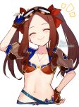  1girl ^_^ arm_up bangs bikini bikini_top blue_shorts blush breasts brown_gloves brown_hair closed_eyes closed_mouth collarbone facing_viewer fate/grand_order fate_(series) fingerless_gloves forehead gloves goggles goggles_on_head hair_ribbon head_tilt highres jewelry leonardo_da_vinci_(fate) leonardo_da_vinci_(swimsuit_ruler)_(fate) long_hair necklace notice_lines parted_bangs puffy_short_sleeves puffy_sleeves red_bikini red_ribbon ribbon short_sleeves shorts shrug_(clothing) sidelocks signature simple_background small_breasts smile sofra solo swimsuit thighs twintails twitter_username white_background 