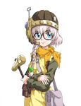  1girl bag belt blue_eyes braid chrono_trigger closed_mouth cosplay glasses hammer helmet kanimusiv_v looking_to_the_side lucca_ashtear purple_hair scarf short_hair shoulder_bag simple_background single_braid smile solo virtual_youtuber white_background 