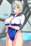  1girl blue_eyes blue_sailor_collar blue_swimsuit blush breasts clothing_cutout competition_swimsuit crossed_arms dated eyebrows_visible_through_hair eyes_visible_through_hair hair_ornament hairclip hamakaze_(kancolle) highres kantai_collection large_breasts looking_at_viewer montemasa one-piece_swimsuit open_mouth rei_no_pool sailor_collar school_uniform serafuku short_hair silver_hair swimsuit swimsuit_under_clothes twitter_username 