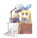  1girl :3 alice_(alice_in_wonderland) alice_in_wonderland blonde_hair blue_dress blue_eyes blue_neckwear blue_ribbon book chibi closed_mouth collared_dress commentary_request desk desk_lamp dress hair_ribbon highres juliet_sleeves lamp long_sleeves necktie nekomanma-sensei original puffy_short_sleeves puffy_sleeves ribbon ringed_eyes short_sleeves simple_background solo stuffed_animal stuffed_toy teddy_bear white_background 