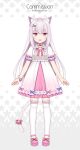  1girl :3 :d animal_ear_fluff animal_ears bow cat_ears cat_girl cat_tail commentary_request commission dress english_text frilled_legwear full_body hair_ornament hairclip hitsuki_rei indie_virtual_youtuber long_hair looking_at_viewer open_mouth pink_footwear puffy_short_sleeves puffy_sleeves red_bow red_eyes shoes short_sleeves silver_hair smile solo standing starry_background tail thigh-highs vanilla_shironeko very_long_hair virtual_youtuber white_background white_dress white_legwear 