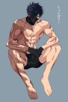  1boy abs barefoot black_gloves black_hair black_shorts burn_scar full_body gloves hair_over_one_eye hands_together highres male_focus mask original scar shorts simple_background sitting solo tenten_raisaka toned toned_male 