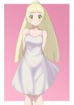  1girl absurdres alternate_costume arms_behind_back asa_(azainagamasa) bangs bare_arms blonde_hair blunt_bangs blush border breasts closed_mouth collarbone commentary_request dress eyelashes green_eyes highres lillie_(pokemon) long_hair looking_at_viewer pokemon pokemon_(game) pokemon_sm shiny shiny_hair sleeveless sleeveless_dress smile solo white_border white_dress 