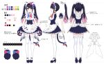  1girl animal_ears animal_hands apron black_hair breasts cat_ears cat_tail character_sheet commentary_request full_body garter_belt highres indie_virtual_youtuber maid_headdress medium_breasts official_art orange_eyes ribbon smile solo tail thigh-highs twintails white_legwear 