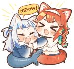  &gt;_&lt; 2girls :d animal_ear_fluff animal_ears aqua_hair bangs blue_hair blunt_bangs blush_stickers braid cat_ears cat_tail chibi closed_eyes commentary dated_commentary fish_tail gawr_gura hair_ornament hairband hololive hololive_english hug kemonomimi_mode long_hair multicolored_hair multiple_girls open_mouth orange_hair same_anko shared_speech_bubble shark_hair_ornament shark_tail sharp_teeth simple_background smile speech_bubble streaked_hair tail takanashi_kiara teeth two-tone_hair two_side_up virtual_youtuber white_background white_hair white_hairband xd 