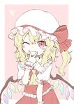  1girl ascot bangs blonde_hair blush border bow closed_mouth commentary_request crystal eyebrows_visible_through_hair eyebrows_visible_through_hat fang fang_out flandre_scarlet frilled_shirt_collar frills hair_between_eyes hat hat_bow highres long_hair looking_at_viewer mob_cap one_eye_closed one_side_up oninamako outside_border pink_background puffy_short_sleeves puffy_sleeves red_bow red_eyes red_skirt red_vest short_sleeves simple_background skirt slit_pupils smile solo touhou upper_body v_over_mouth vest white_border white_headwear wings yellow_neckwear 