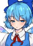  1girl :/ absurdres amatr_1139 bangs blue_bow blue_dress blue_eyes blue_hair blush bow cirno closed_mouth commentary_request dress eyebrows_visible_through_hair flying_sweatdrops hair_between_eyes hair_bow half-closed_eyes highres ice ice_wings looking_at_viewer looking_away puffy_short_sleeves puffy_sleeves red_neckwear red_ribbon ribbon short_hair short_sleeves simple_background solo touhou upper_body white_background wing_collar wings 