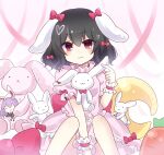  1girl :3 :x absurdres animal_ears black_hair bow carrot_pillow character_doll commentary_request dress ear_bow eyebrows_visible_through_hair hair_between_eyes hair_bow highres inaba_tewi looking_at_viewer pink_background pink_dress puffy_short_sleeves puffy_sleeves rabbit_ears red_bow red_eyes reisen_udongein_inaba short_hair short_sleeves solo stuffed_animal stuffed_toy subaru_(subachoco) touhou wrist_cuffs 
