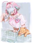  1girl ahoge blue_hair cat collar faucet hair_intakes hamachamu heart-shaped_lock heart_on_chest highres idolmaster idolmaster_cinderella_girls multicolored_hair open_mouth pink_collar pink_hair print_shirt shirt short_hair short_sleeves skeleton_print t-shirt tongue tongue_out two-tone_hair water yumemi_riamu 