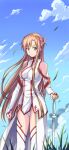  1girl asuna_(sao) blue_sky braid breasts brown_eyes brown_hair closed_mouth clouds coat detached_sleeves floating_hair french_braid hand_on_hilt hao718 highres long_hair long_sleeves medium_breasts outdoors panties sky sleeveless_coat smile solo standing sword sword_art_online thigh-highs underwear very_long_hair weapon white_coat white_legwear white_panties white_sleeves 