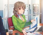  1girl braid brown_hair business_suit cellphone chair closed_mouth collared_shirt computer formal green_suit hair_ornament hair_over_shoulder hair_scrunchie holding holding_paper idolmaster idolmaster_cinderella_girls indoors kamille_(vcx68) laptop long_sleeves necktie orange_eyes paper phone red_scrunchie scrunchie senkawa_chihiro shirt single_braid sitting smartphone solo_focus suit sweat white_shirt whiteboard yellow_neckwear 