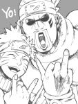  2boys \,,/ eyes_closed facial_mark friends goatee hand_gesture happy headband killer_bee looking_at_viewer male monochrome naruto open_mouth posing sketch spiked_hair sunglasses uzumaki_naruto 