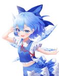  1girl :d adapted_costume arm_up bangs blue_bow blue_eyes blue_hair blue_skirt blue_vest blush bow breasts cirno commentary_request cowboy_shot eyebrows_visible_through_hair fang hair_behind_ear hair_between_eyes highres ice ice_wings ju-ok looking_at_viewer midriff navel open_mouth petticoat red_neckwear red_ribbon ribbon short_hair simple_background skin_fang skirt small_breasts smile solo touhou v_over_eye vest white_background wing_collar wings 