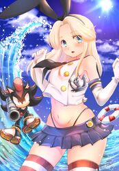  1boy 1girl :o black_panties blonde_hair blue_eyes blue_sky blush clouds cosplay crop_top elbow_gloves furry furry_male gloves gun highleg highleg_panties holding holding_gun holding_weapon innertube kantai_collection light_blush long_hair looking_at_viewer maria_robotnik miniskirt navel open_mouth panties red_eyes shadow_the_hedgehog shimakaze_(kancolle) shimakaze_(kancolle)_(cosplay) skindentation skirt sky sonic_(series) striped striped_legwear sun thigh-highs thighs tondamanuke underwear water weapon weapon_request white_gloves 