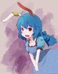  1girl animal_ears bangs blue_dress blue_hair commentary_request cowboy_shot dress ear_clip eyebrows_visible_through_hair highres long_hair looking_at_viewer open_mouth puffy_short_sleeves puffy_sleeves rabbit_ears red_eyes seiran_(touhou) short_sleeves smile solo touhou yan_pai 