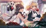  2girls apple blonde_hair blue_eyes braid braided_ponytail brown_hair chinese_commentary closed_eyes commentary_request food fruit g36_(girls&#039;_frontline) girls&#039;_frontline_neural_cloud girls_frontline hair_ornament highres holding holding_food holding_fruit juliet_sleeves kuuus long_hair long_sleeves maid maid_headdress medium_hair multiple_girls open_mouth puffy_sleeves qbu-88_(girls&#039;_frontline) sleeveless smile stuffed_animal stuffed_panda stuffed_toy upper_body weibo_username 