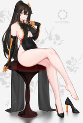  1girl bangs bare_shoulders black_dress black_footwear black_gloves blush breasts brown_hair clothing_cutout dress elbow_gloves feet gloves hair_ornament hayabusa high_heels highres large_breasts legs long_hair looking_at_viewer orange_eyes original pelvic_curtain ponytail raiden_(hayabusa) sideboob sidelocks sitting smile under_boob underboob_cutout 