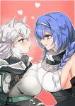  2girls absurdres blue_hair breast_press breasts dp-12_(girls&#039;_frontline) girls_frontline gomrang grey_hair highres huge_filesize kiss ksvk_(girls&#039;_frontline) large_breasts long_hair multiple_girls saliva saliva_trail symmetrical_docking yuri 