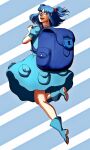  1girl backpack bag blue_eyes blue_hair blue_skirt diagonal_stripes from_behind full_body highres kawashiro_nitori lock looking_at_viewer looking_back moonywitcher open_mouth pocket shoes short_hair simple_background skirt solo striped touhou 