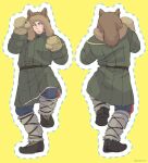  1boy animal_ears animal_hood bear_ears bear_hood beard black_hair blush facial_hair fake_animal_ears full_body fur_(clothing) golden_kamuy hood hood_up leg_up long_sideburns looking_at_viewer male_focus mature_male multiple_views nopinzo paw_pose pectorals short_hair sideburns tanigaki_genjirou winter_clothes 