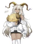  1girl animal_ears arknights artist_name beeswax_(arknights) beeswax_(weisser_sand)_(arknights) black_shorts cardigan clear_(4ff44f) cowboy_shot dark-skinned_female dark_skin eyebrows_visible_through_hair goat_ears goat_horns hair_between_eyes highres holding horns long_hair looking_at_viewer midriff off_shoulder official_alternate_costume open_cardigan open_clothes parted_lips shirt short_shorts shorts silver_hair simple_background solo stuffed_toy white_background white_cardigan white_shirt yellow_eyes 