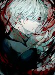  1boy absurdres bangs black_sclera black_shirt blood blood_from_mouth blood_on_face colored_sclera eyebrows_visible_through_hair from_behind from_side grey_eyes grey_hair hair_between_eyes hand_up heterochromia highres kagune_(tokyo_ghoul) kaneki_ken large_hands long_fingers looking_back male_focus pale_skin red_eyes shiny shiny_hair shirt short_hair solo tentacles tokyo_ghoul upper_body ura_take white_hair 