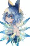  1girl absurdres bangs blue_bow blue_dress blue_eyes blue_hair bow cirno closed_mouth dress eyebrows_visible_through_hair from_behind hair_between_eyes highres ice ice_wings looking_at_viewer maho_moco puffy_short_sleeves puffy_sleeves short_hair short_sleeves simple_background snowflakes solo symbol-only_commentary teeth touhou white_background white_sleeves wings 